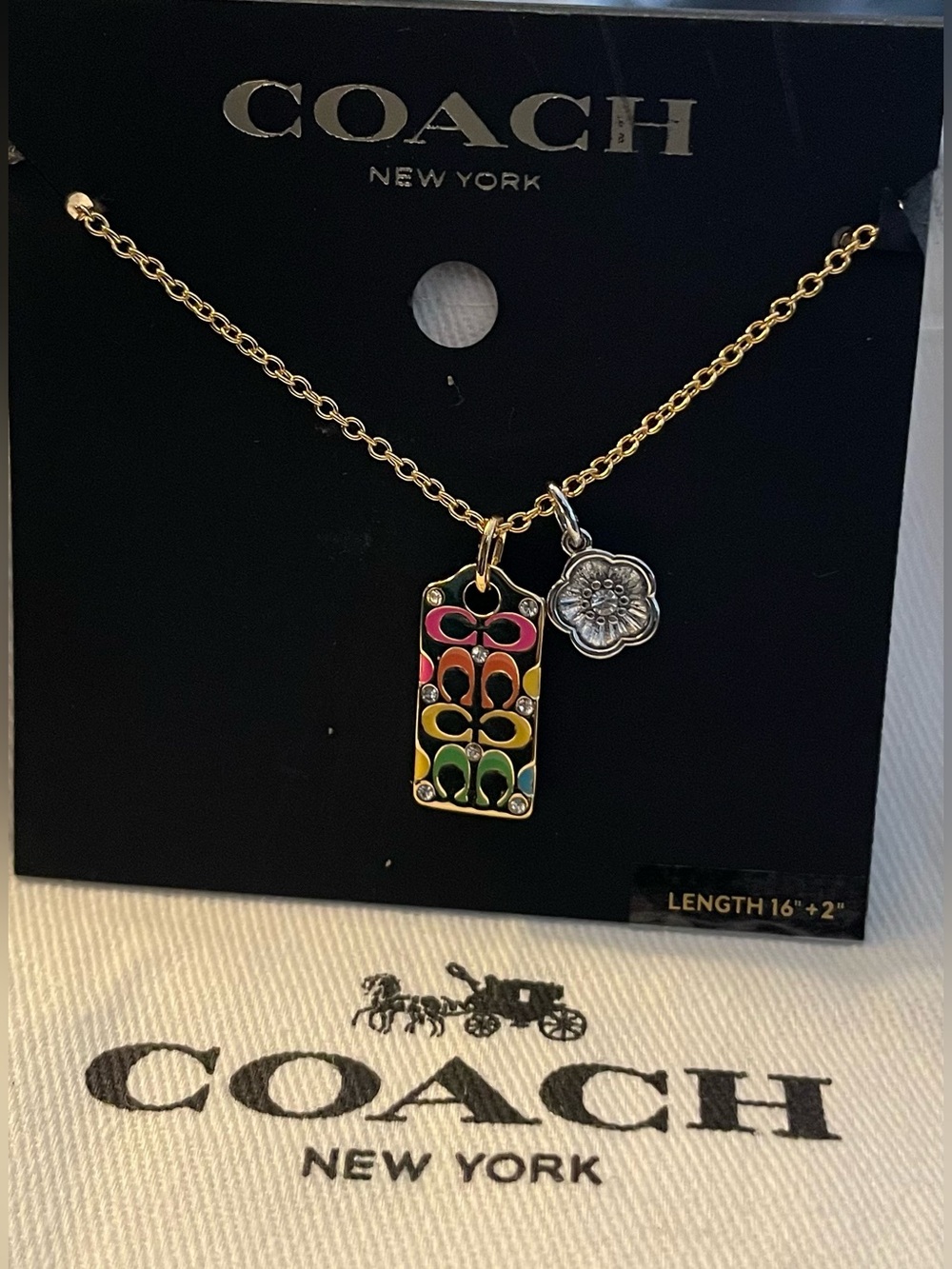 Coach Gold-Tone Necklace with Multicolor Enamel Tag and Silver Flower Charm